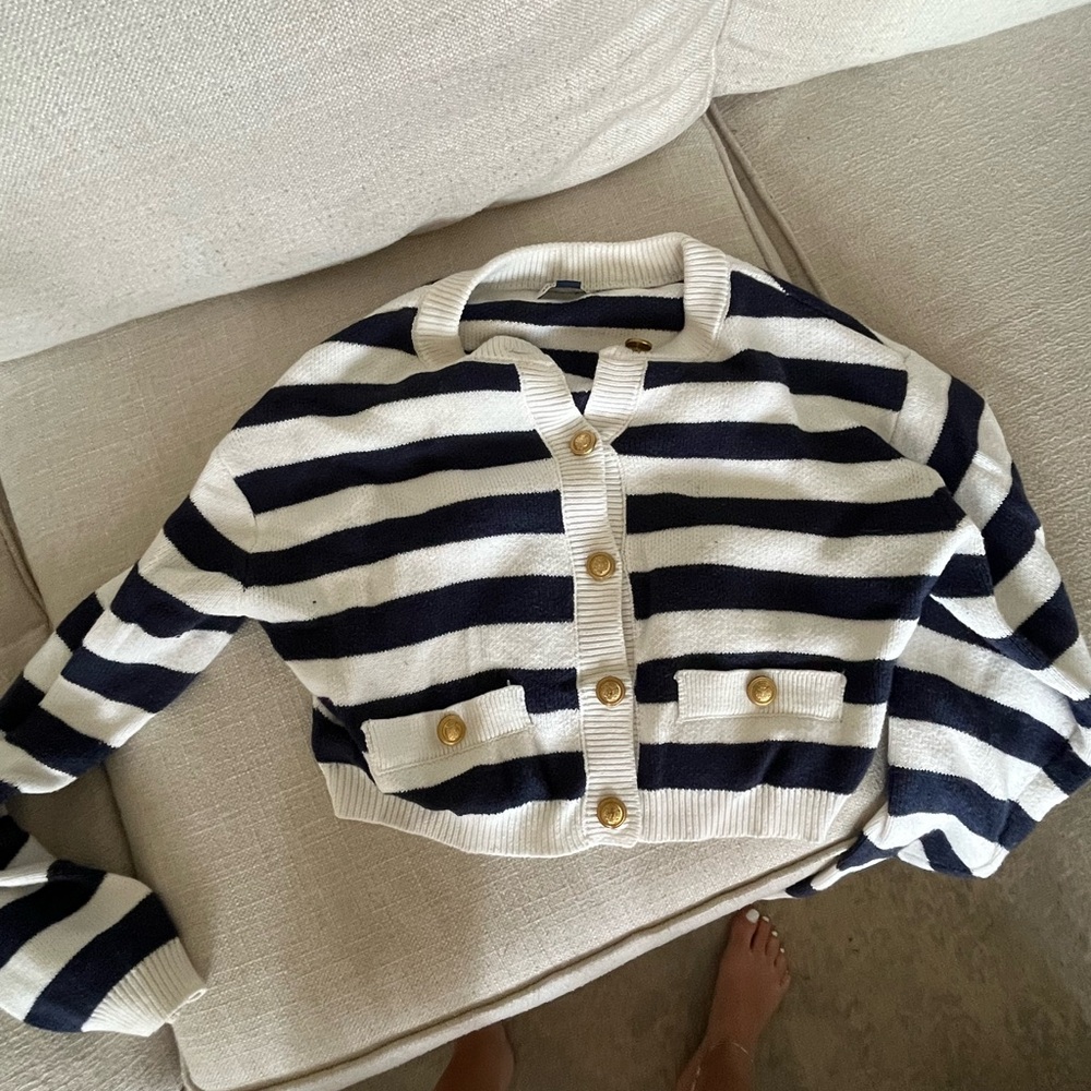 American Eagle Outfitters Navy and White Striped Button-Up Cardigan
